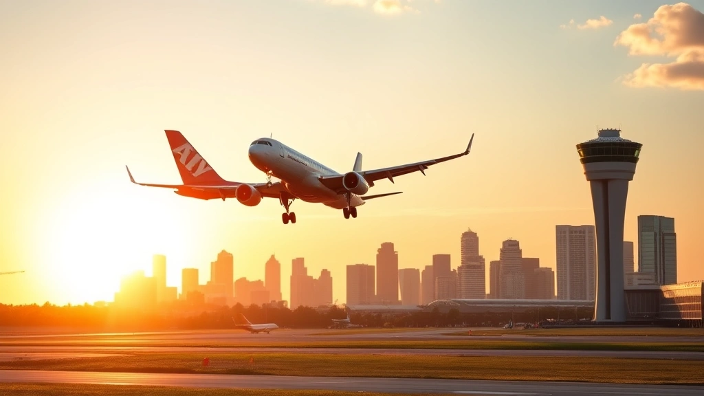 Commercial aircraft taking off from Cleveland Hopkins International Airport runway during golden hour sunset, with city skyline visible in background, photorealistic travel photography