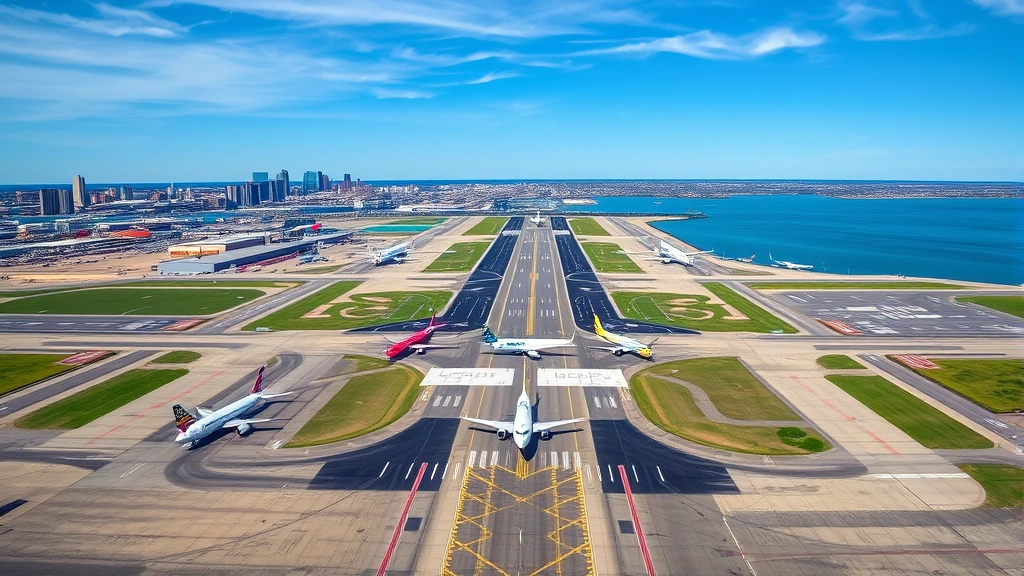 Aerial view of Boston Logan Airport runways with aircraft lined up, harbor and downtown Boston skyline visible in distance, professional aviation photography
