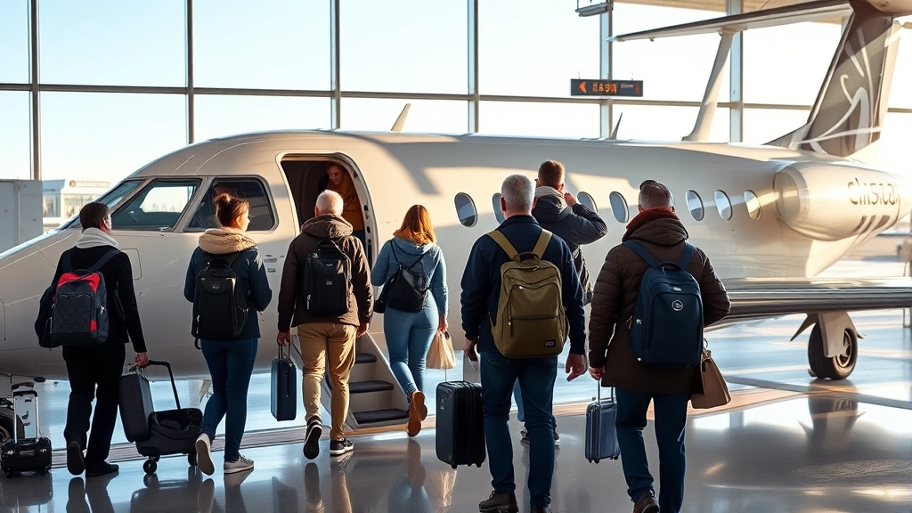 Passengers boarding modern regional jet aircraft at Cleveland airport gate, natural lighting through terminal windows, realistic travel scene without visible signage