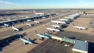 Aerial view of Cleveland Hopkins International Airport with multiple commercial aircraft parked at gates, showing airport terminals and tarmac, daytime lighting with clear sky, photorealistic perspective