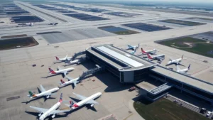 Aerial view of Cleveland Hopkins International Airport with commercial aircraft parked at gates, modern terminal building visible, clear weather conditions showing runway infrastructure