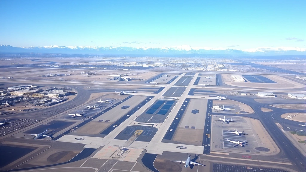 Aerial view of Denver International Airport with multiple runways and aircraft lined up, snow-capped Rocky Mountains visible in background, clear weather conditions, professional aviation photography