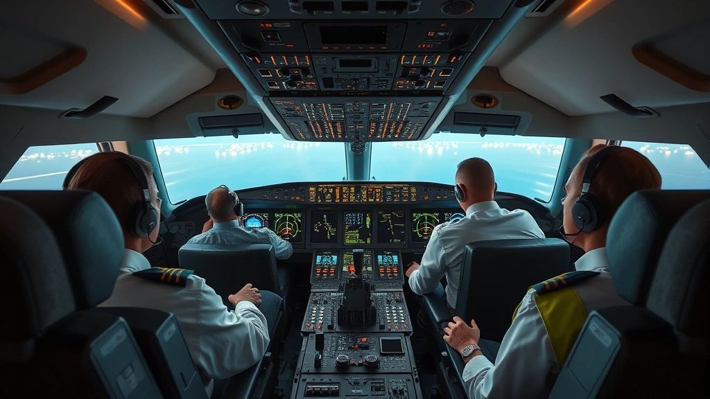 Modern commercial aircraft cockpit with pilots conducting pre-flight checks, instrument panels illuminated, focused crew members in professional gear, realistic aviation environment