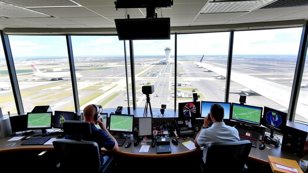 Air traffic control tower interior at busy Colorado airport, controllers monitoring radar screens and communication equipment, multiple workstations active, professional operations center atmosphere