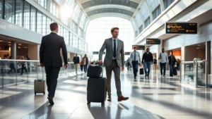 Professional traveler with luggage walking through modern Dallas/Fort Worth airport terminal, natural daylight, bustling but not crowded, contemporary airport architecture visible