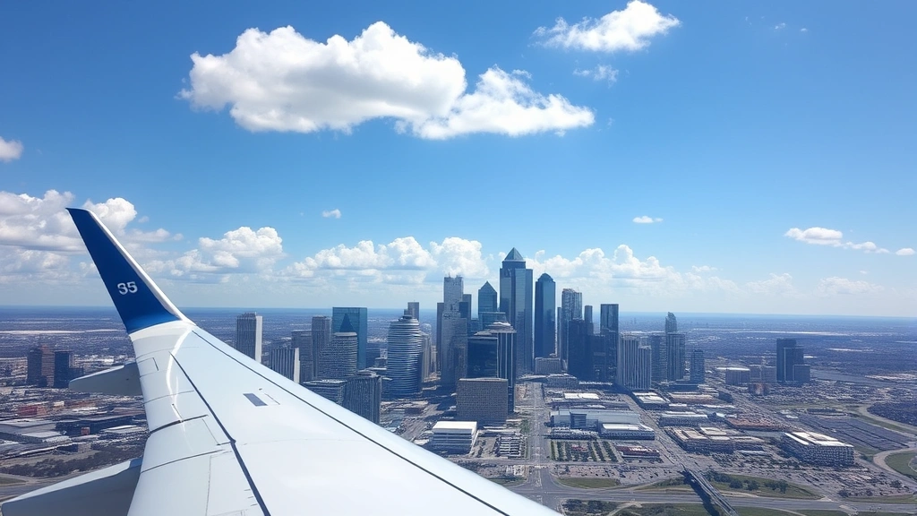 Aerial view of Dallas skyline with commercial airplane wing in foreground approaching or departing, clear day with white clouds, modern cityscape