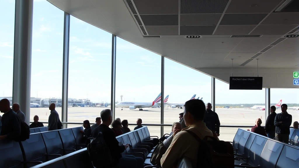 Boston Logan Airport departure lounge with diverse travelers, modern seating area, large windows showing aircraft on tarmac, bright natural lighting, no visible signage or text