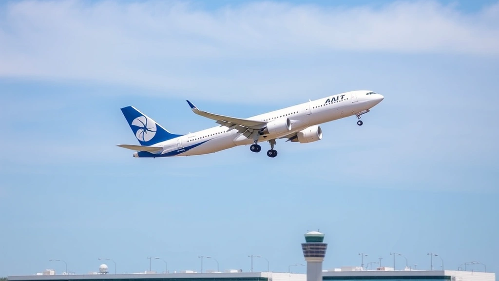 Modern commercial airplane taking off from Dallas Fort Worth International Airport on a clear sunny day, showing the aircraft against blue sky with airport infrastructure visible below
