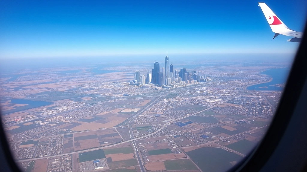 Aerial view of Dallas skyline and surrounding landscape from airplane window during departure, showing city sprawl and neighborhoods below with clear visibility