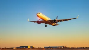 Modern commercial aircraft taking off from Dallas/Fort Worth airport at sunrise, clear blue sky, airplane climbing with landing gear retracting, vibrant morning light illuminating the fuselage