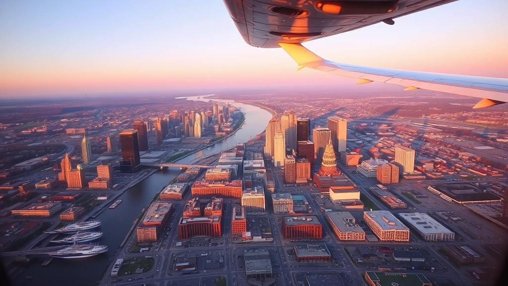 Panoramic view of Nashville cityscape from airplane window during descent, Cumberland River visible, downtown buildings and honky-tonks visible below, golden hour lighting, realistic aerial perspective