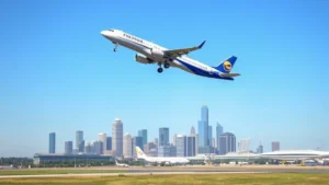 Modern commercial airplane taking off from Dallas airport runway with city skyline in background, clear blue sky, professional aviation photography