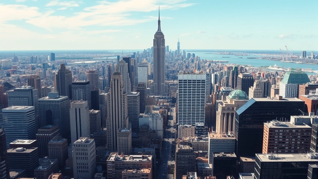 Busy New York City Manhattan skyline with Empire State Building visible, aerial view showing urban landscape and Hudson River, daytime scene