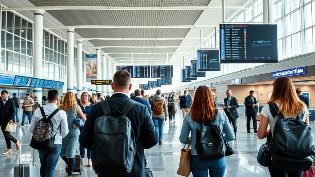 Business and leisure travelers in modern airport terminal, checking flight information boards, diverse group moving through contemporary airport architecture