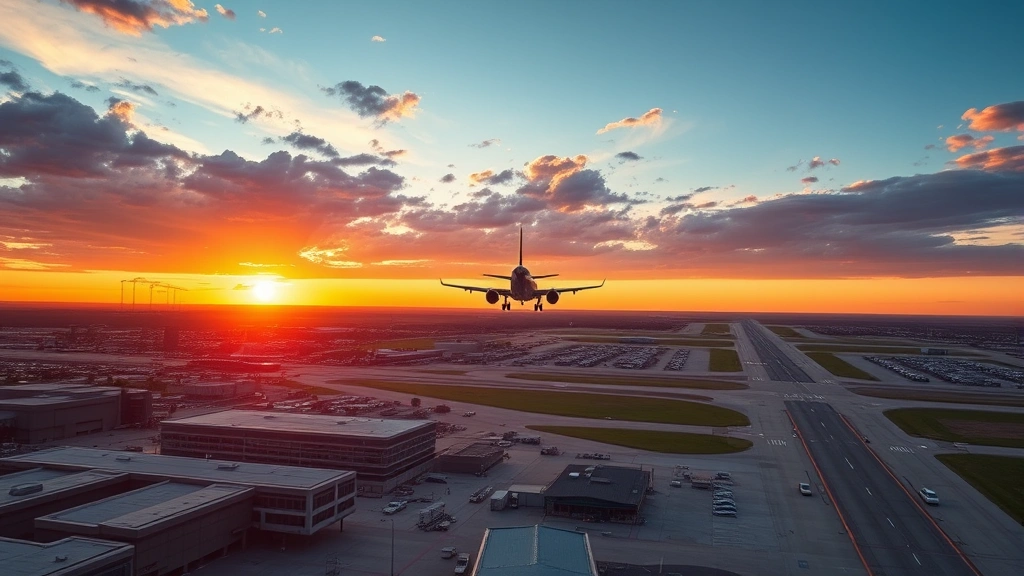 Aerial view of Dallas-Fort Worth International Airport terminal buildings and runways at sunset, aircraft approaching landing, professional photography