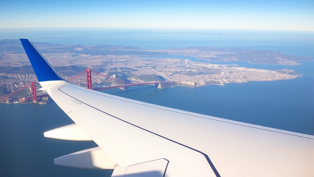 San Francisco skyline with Golden Gate Bridge visible, airplane wing in foreground during approach to SFO, beautiful clear day, aerial perspective