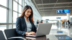 Young professional woman in business casual attire sitting at modern airport terminal with laptop and smartphone, checking flight information on screens, natural window lighting