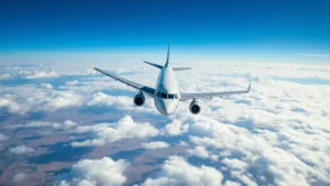 Overhead view of commercial aircraft cruising above clouds with desert landscape visible below, natural lighting, clear blue sky, photorealistic