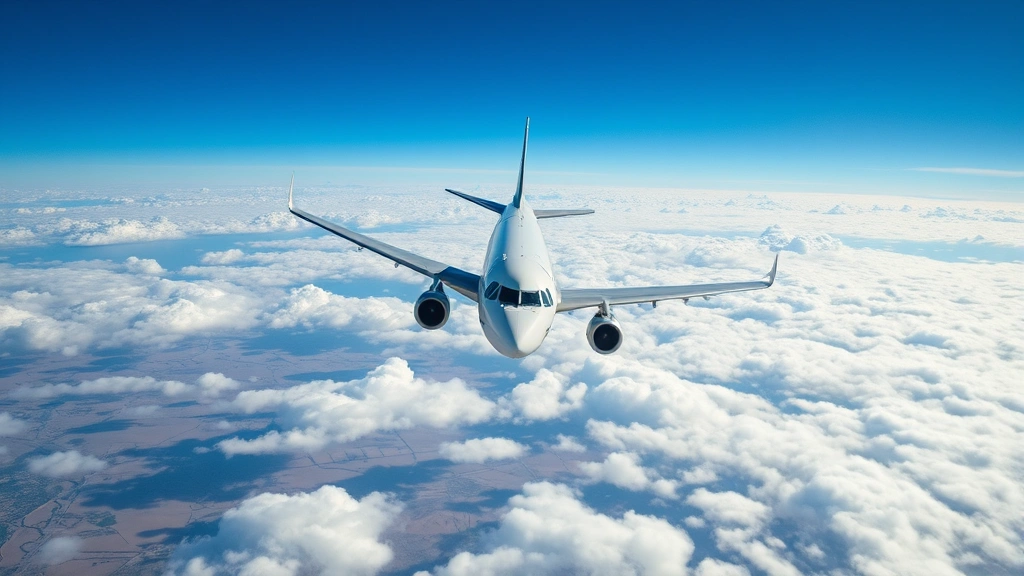 Overhead view of commercial aircraft cruising above clouds with desert landscape visible below, natural lighting, clear blue sky, photorealistic