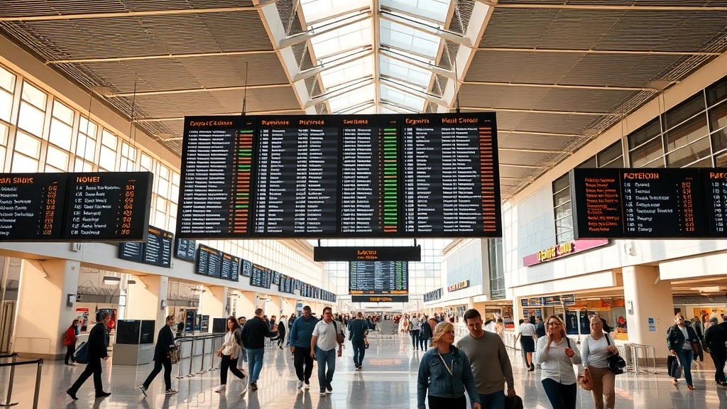 Modern airport terminal interior with departure boards and passengers walking through gates, contemporary architecture, warm natural lighting, busy but organized atmosphere