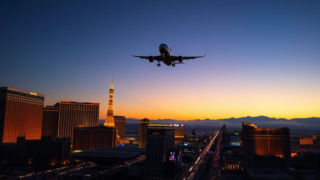 Las Vegas Strip skyline at dusk with aircraft approaching for landing, city lights beginning to glow, golden hour lighting, dramatic cityscape perspective