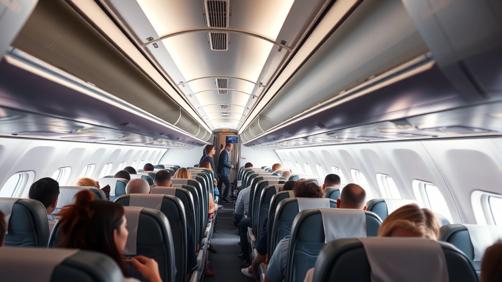Modern transatlantic aircraft cabin interior with passengers, overhead bins, comfortable seating, bright window lighting, realistic cabin atmosphere without visible text or signage