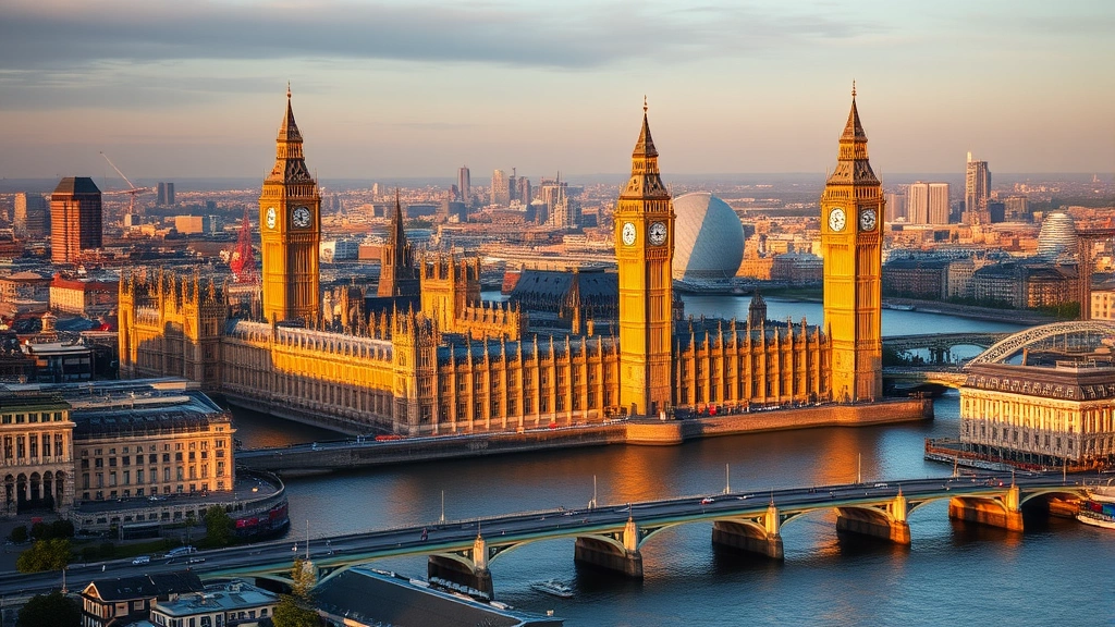 Aerial view of London skyline featuring Big Ben, Thames River, Westminster Bridge, cityscape at golden hour with natural lighting, no visible text or labels