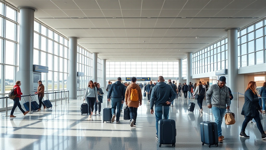 Washington DC airport departure hall with travelers with luggage, modern architecture, natural light from windows, busy terminal environment, realistic travel scene without visible signage