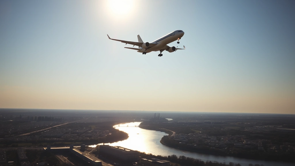 Commercial airplane approaching landing with DC skyline visible below, Potomac River reflecting sunlight, clear afternoon sky