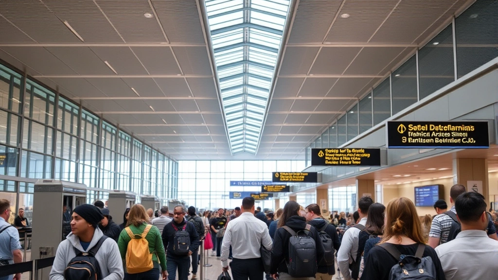 Airport security checkpoint with passengers in line, modern terminal architecture, busy but organized flow