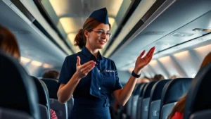 Professional female Delta flight attendant in uniform conducting safety demonstration in modern aircraft cabin with passengers seated, bright cabin lighting, realistic aviation environment
