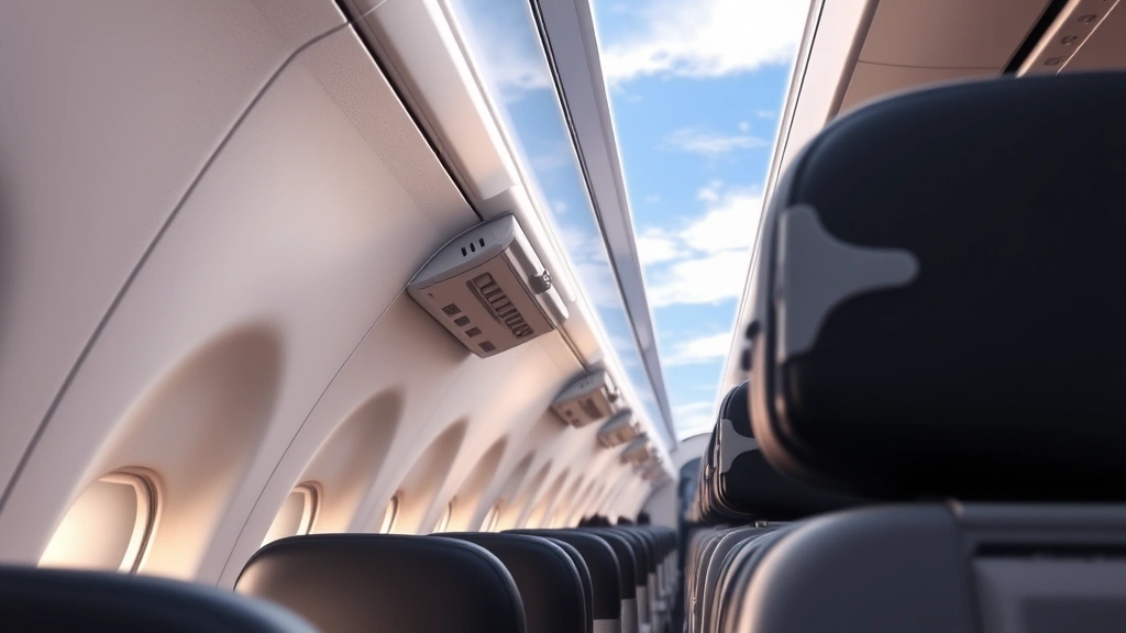 Commercial aircraft cabin interior showing overhead oxygen mask compartments and passenger seating during cruise altitude, natural lighting through windows showing sky outside