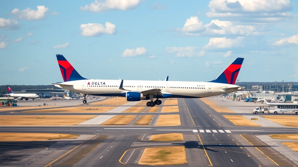 Modern Delta aircraft taking off from Hartsfield-Jackson Atlanta International Airport with multiple runways visible, sunny conditions, professional commercial aviation photography