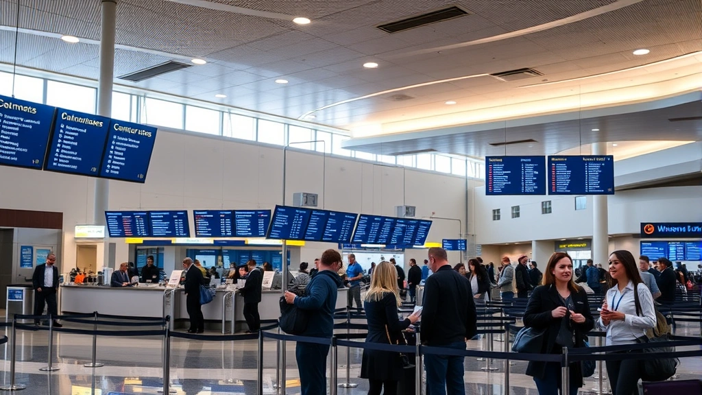 Inside an airport terminal showing customer service desk with flight information displays, busy but organized gate area, passengers checking in, warm professional atmosphere