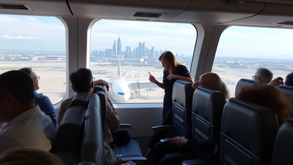 Airplane cabin interior with passengers in seats, flight attendants assisting, window view of Atlanta skyline and airport ground operations, commercial travel environment