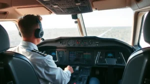 Modern Boeing or Airbus aircraft cockpit interior with pilot at controls, instrument panel visible, professional aviation environment, daytime
