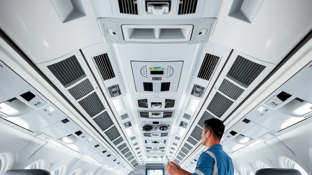 Commercial aircraft interior cabin showing overhead panels and ventilation systems, professional maintenance worker inspecting components, realistic aircraft maintenance environment