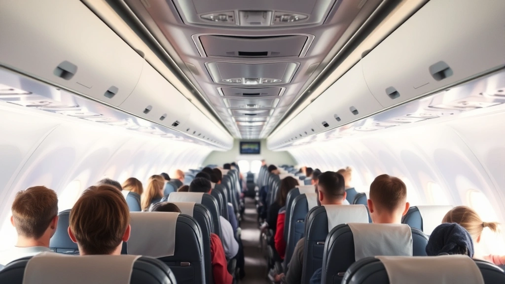 Airplane cabin mid-flight with passengers seated, overhead compartments and ceiling panels visible, natural cabin lighting, commercial aircraft interior design