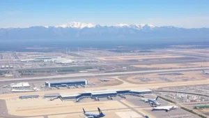 Aerial view of Denver International Airport with Rocky Mountains in background, modern terminal buildings and runways visible, sunny day with clear skies