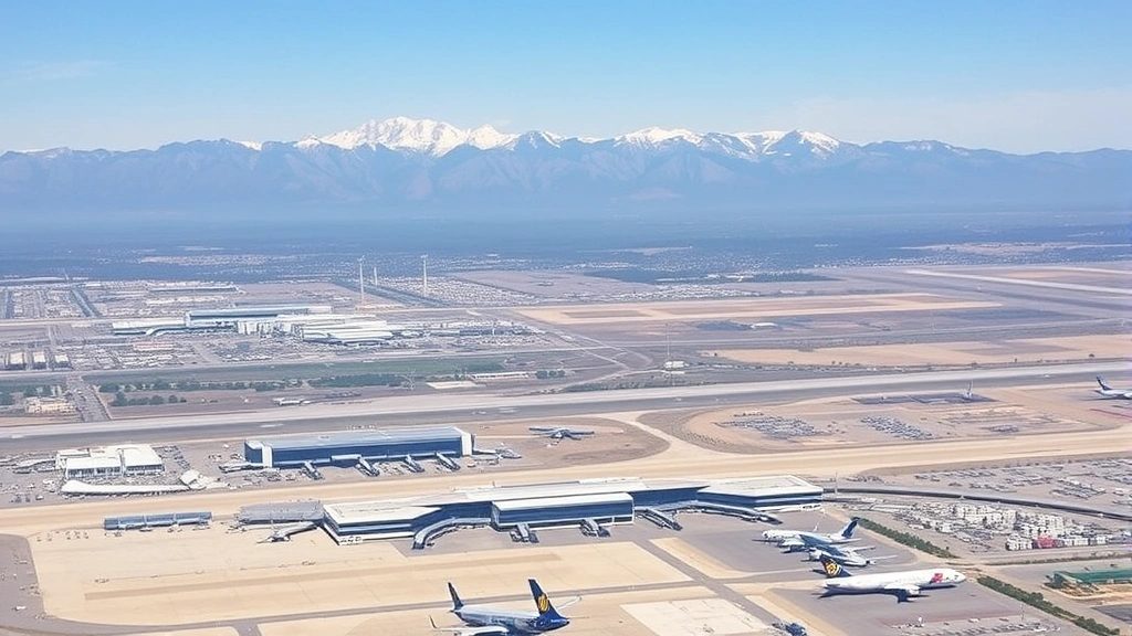 Aerial view of Denver International Airport with Rocky Mountains in background, modern terminal buildings and runways visible, sunny day with clear skies
