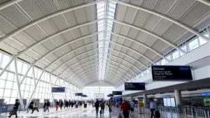 Modern Denver International Airport terminal interior with soaring white tent-like roof structure, travelers walking with luggage, natural light streaming through windows, busy but organized atmosphere