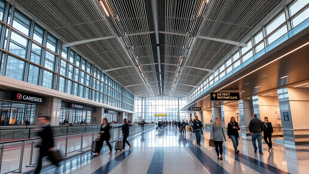 Detroit Metropolitan Airport modern concourse with contemporary design, gates visible, travelers in motion, sleek architecture and contemporary lighting, professional airport environment