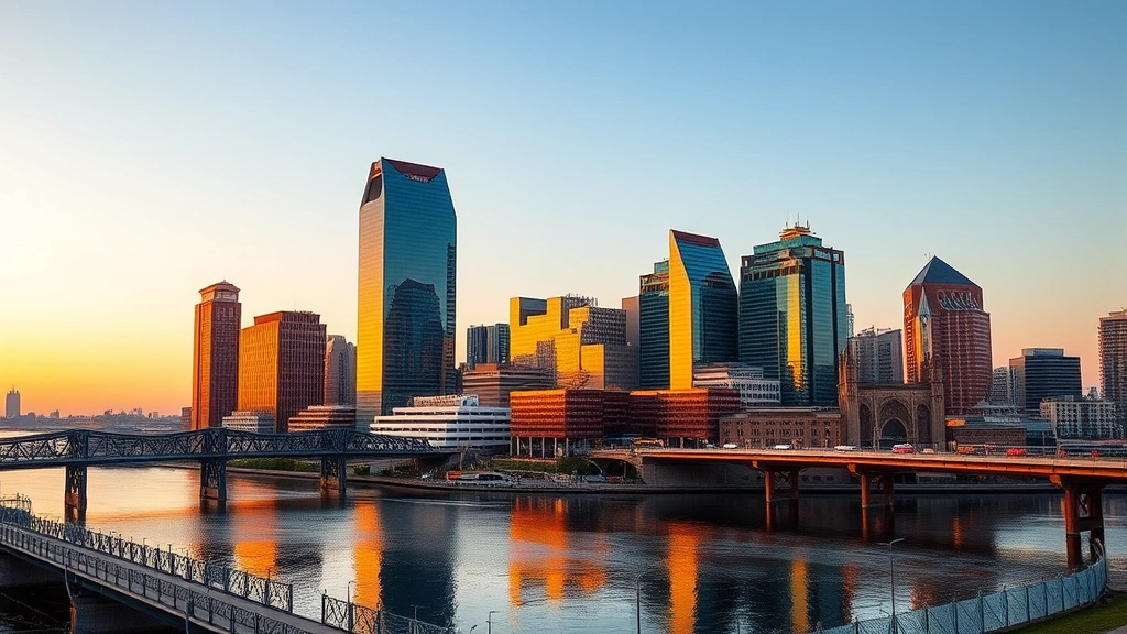 Detroit skyline at golden hour featuring Renaissance Center towers reflected in Detroit River, urban landscape with bridges, modern cityscape photography, vibrant evening lighting