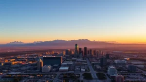 Aerial sunset view of Denver skyline with Rocky Mountains in background, golden hour lighting, cityscape stretching toward horizon with clear blue sky