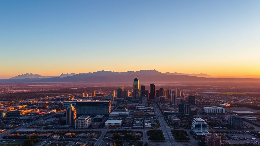 Aerial sunset view of Denver skyline with Rocky Mountains in background, golden hour lighting, cityscape stretching toward horizon with clear blue sky