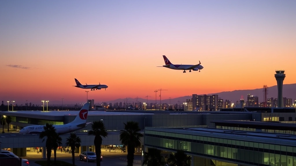 Los Angeles International Airport terminal exterior at dusk with arriving aircraft, palm trees visible, California coastal lighting, busy travel atmosphere