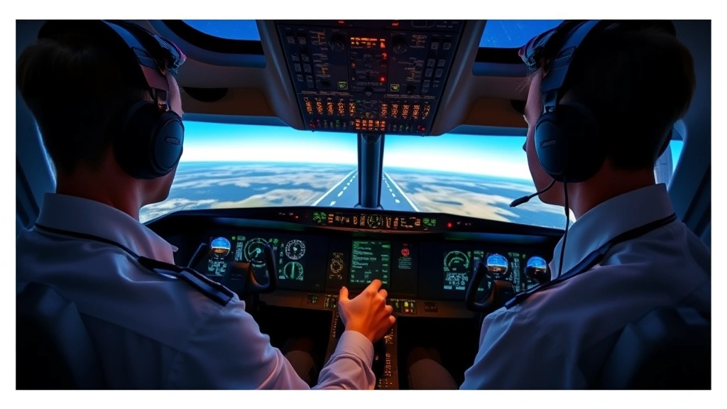 Professional pilot in modern flight simulator cockpit wearing headset, hands on yoke control, multiple high-resolution monitors displaying aircraft instruments, navigation data, and realistic terrain scenery