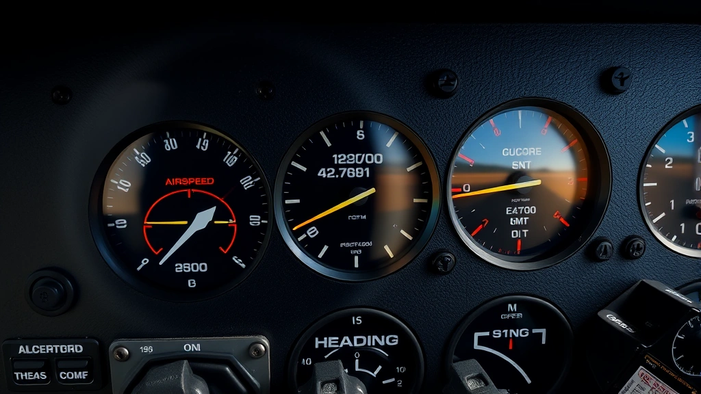 Close-up detail shot of aircraft instrument panel showing precision instruments including altitude indicator, airspeed indicator, vertical speed indicator, and heading indicator during simulated instrument approach procedure