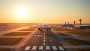 Aerial view of Detroit Metropolitan Airport runway with commercial aircraft taking off during golden hour, clear sky, modern terminal buildings visible in background