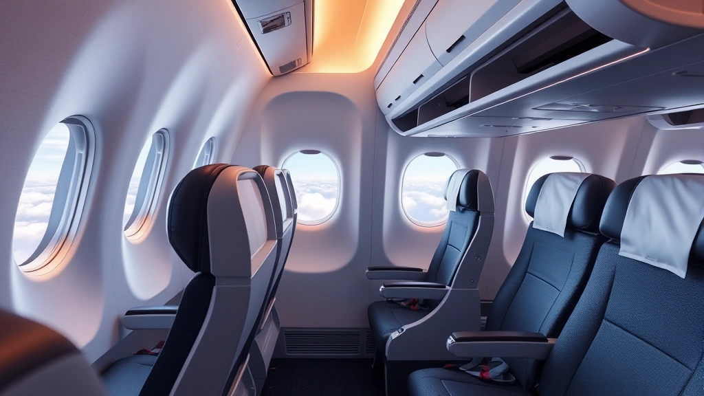 Modern airline passenger cabin interior during flight with window seat view of clouds, comfortable seating, overhead bins, professional atmosphere